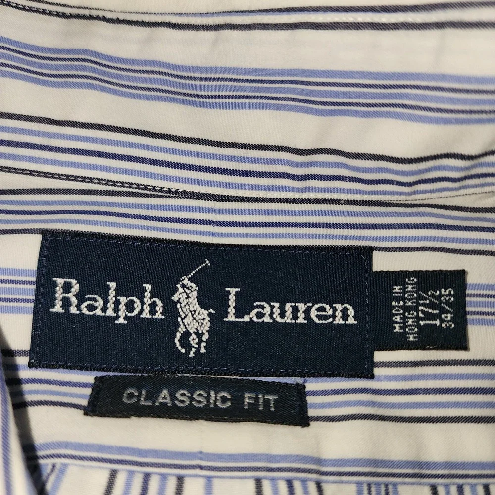 Ralph Lauren‎ Classic Fit Mens 17.5 34/35 Blue White Striped Button Down Shirt